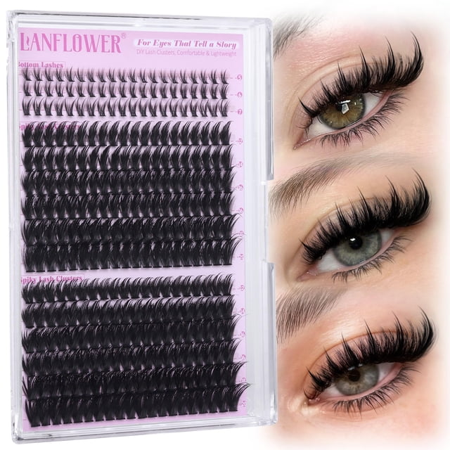 Eyelash Clusters con forma de flor de lanflower, manga, curva en D, 12-20 mm