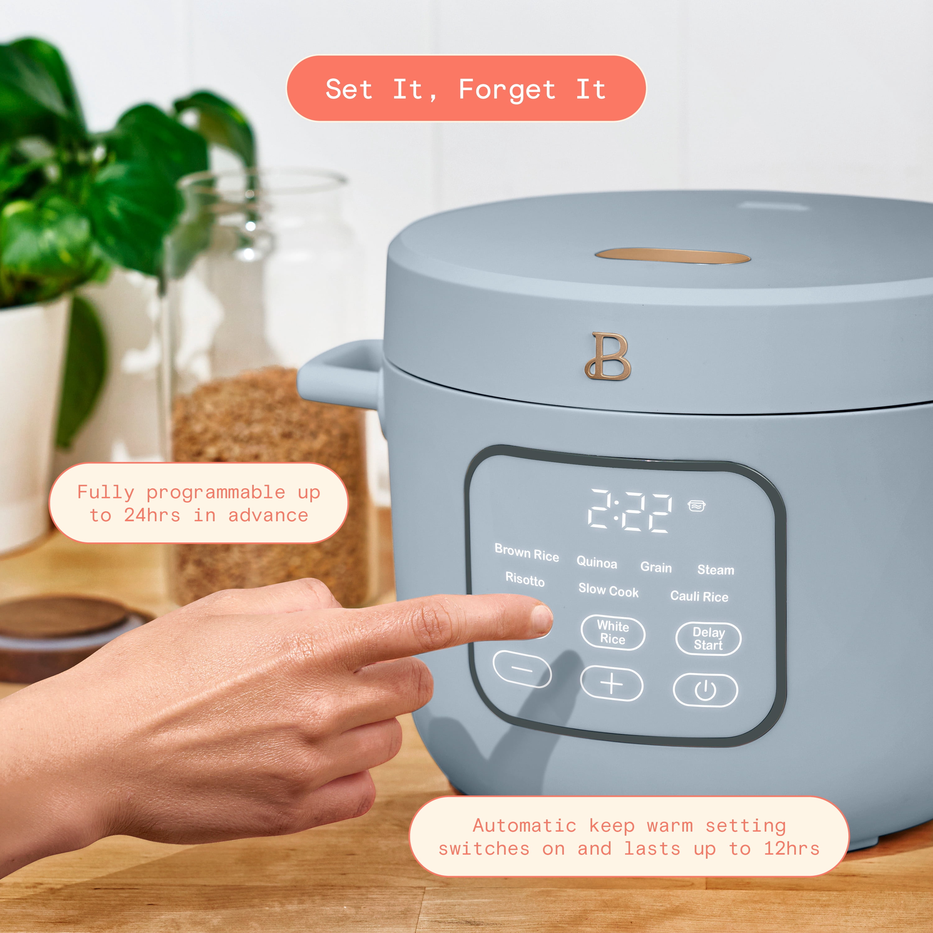 Beautiful 14-Cup Cooked, 6-Cups Uncooked Electric Rice and Grain Cooker, EverGood™ Ceramic Nonstick Coating, Cornflower Blue by Drew Barrymore