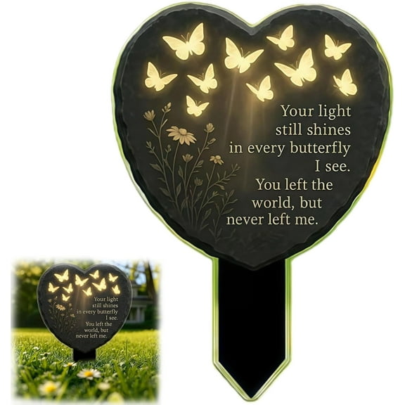 Unique Butterfly Heart-Shaped Floral Acrylic Outdoor Memorial Plaque - Weatherproof Garden Memorial Stake, Heart Butterfly Grave Marker, "Your light still shines" In Memory Keepsake