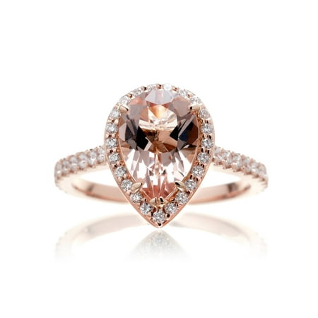 2.25 Carat Pear Cut Morganite And Diamond Classic Halo Engagement Ring On 18K Rose Gold Over