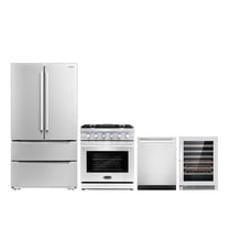 Cosmo 4 Piece Kitchen Appliance Package with 30" Freestanding Gas Range 24" Built-in Integrated Dishwasher French Door Refrigerator & 48 Bottle Freestanding Wine Refrigerator Kitchen Appliance Bundles