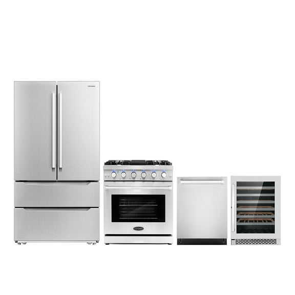 Cosmo 4 Piece Kitchen Appliance Package with 30" Freestanding Gas Range 24" Built-in Integrated Dishwasher French Door Refrigerator & 48 Bottle Freestanding Wine Refrigerator Kitchen Appliance Bundles
