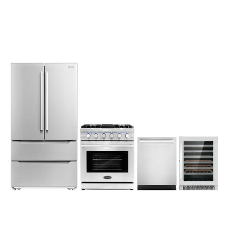 Cosmo 4 Piece Kitchen Appliance Package with 30  Freestanding Gas Range 24  Built-in Integrated Dishwasher French Door Refrigerator & 48 Bottle Freestanding Wine Refrigerator Kitchen Appliance Bundles