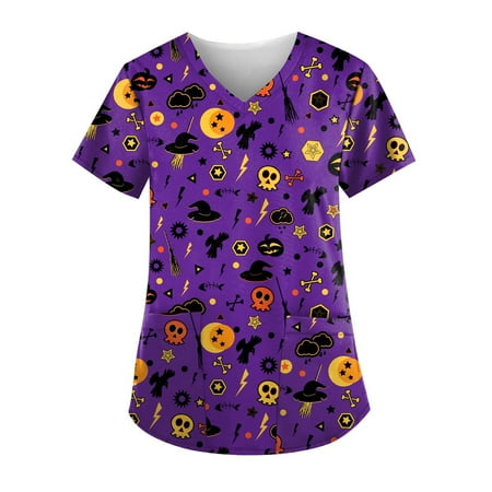 

Cakiesky Womens Tops Scrubs Funny V-Neck Printed Valentines Day Scrubs Dark Purple XL