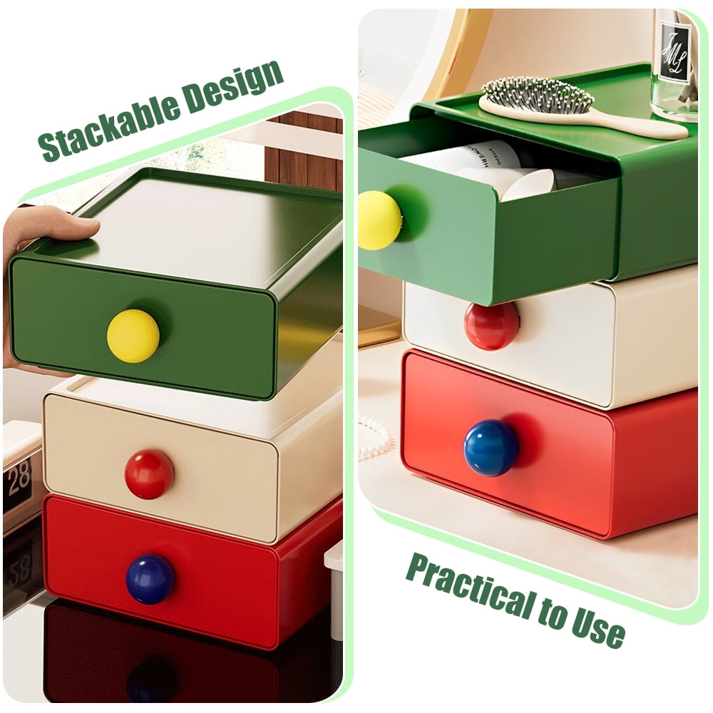 4Pcs Colorful Desk Organizer, Stackable Desktop Storage Box with Drawer, Large Desk Drawer Organizer with Cute Handle, Plastic Makeup Storage Drawer, Desk Organizer and Accessories for Home Office