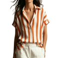 thumbnail image 3 of Endives Boho Tops For Women Striped Short Sleeve Shirt V Neck Loose Fit Blouses Collared Business Casual Outfits for Women Going Out Top Summer Trendy Orange M, 3 of 6