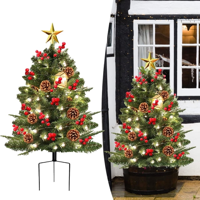 1 Pack Arbre de Noël Pré-Éclairé de 16 Pouces, Urne de Noël Artificielle avec 60 Lumières LED, Baies Rouges, Pommes de Pin et Boules, Décoration de Vacances à Piles pour Allée, Jardin
