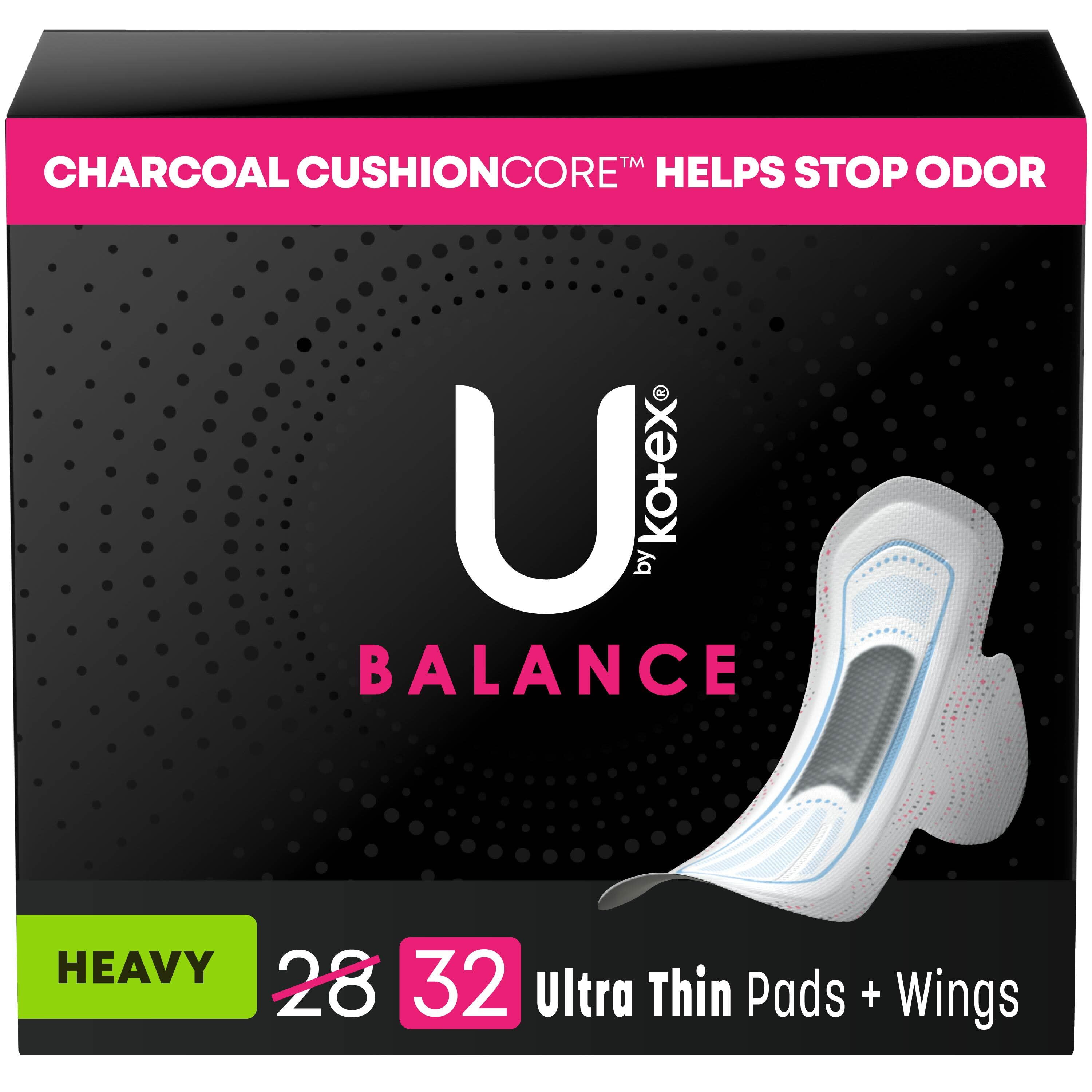 U by Kotex Balance Ultra Thin Pads with Wings, Heavy Absorbency, 32