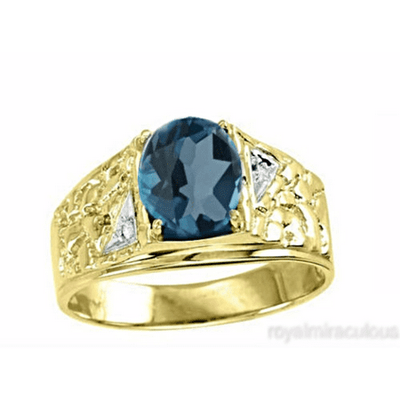 14k Mens Diamond Rings - Mens Blue-Topaz & Diamond Ring 14K Gold Yellow Band - December Birthstone