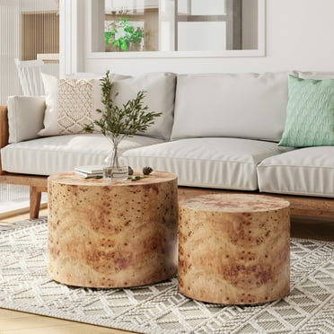 Newboti Furniture Nesting Coffee Table Set of 2, Modern Round Coffee Table, Wooden Circle Accent Tables for Small Spaces Living Room Bedroom Balcony Office Drum Side Table, Natural Burl 06021
