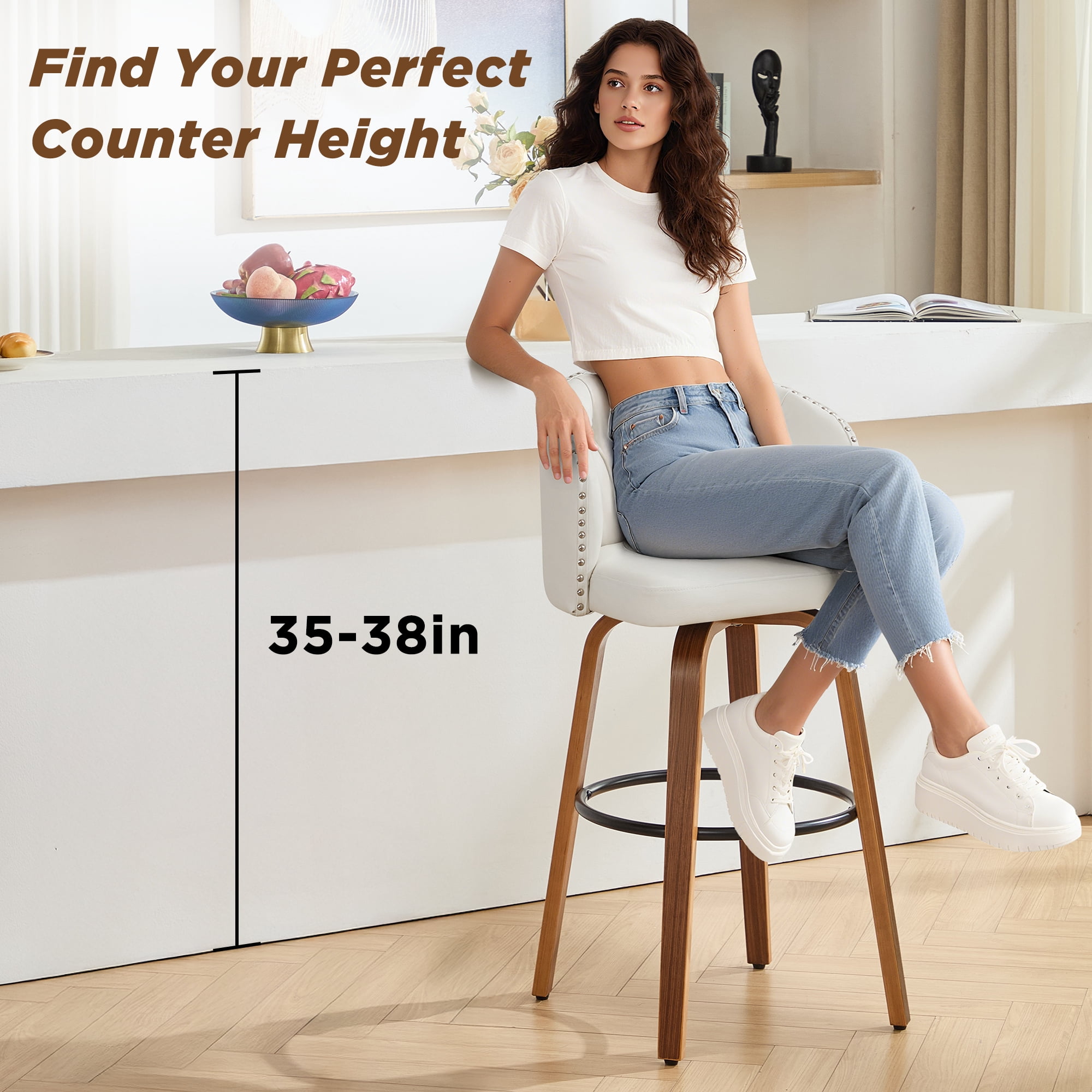 Fahomiss 26" Swivel Counter Height Bar Stools Set of 4, White Leather Farmhouse Kitchen Stools