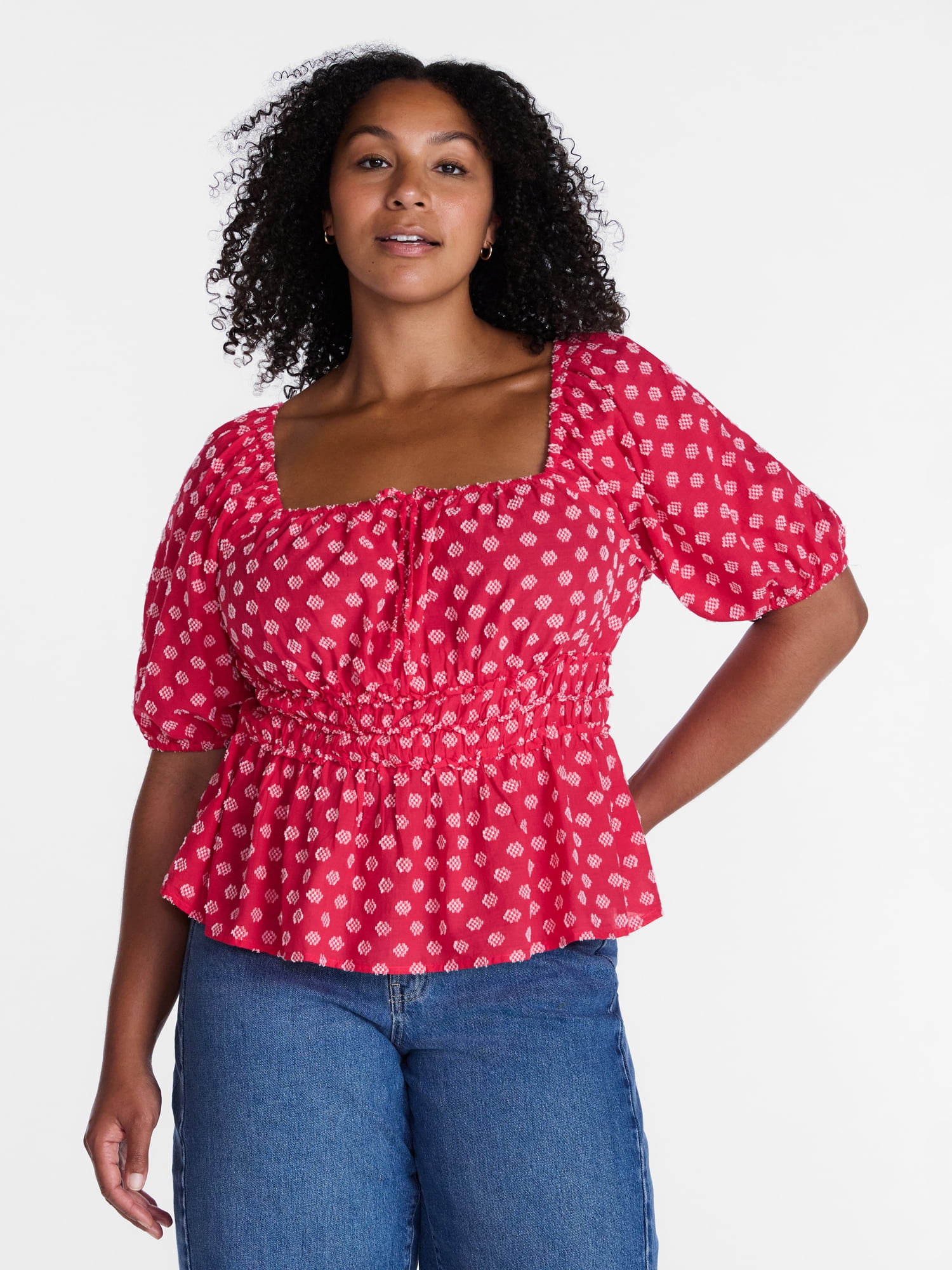 Time and Tru Women's Puff Sleeve Square Neck Top, Sizes XS-XXXL