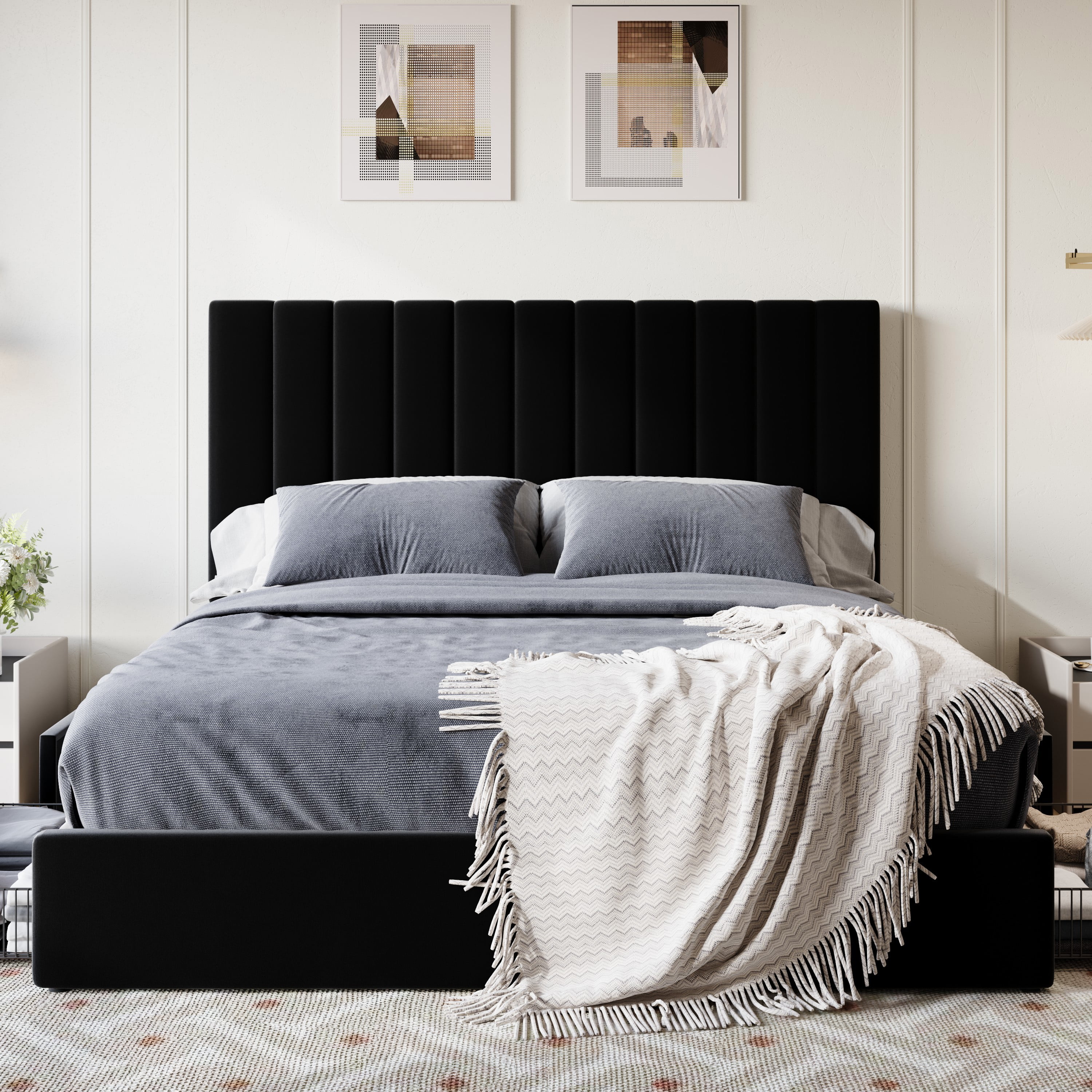 SHA CERLIN Full Size Platform Bed Frame with 4 Storage Drawers, Vertical Channel Tufted Adjustable Headboard, Velvet Upholstered, Wooden Slats Support, No Box Spring Needed, Black