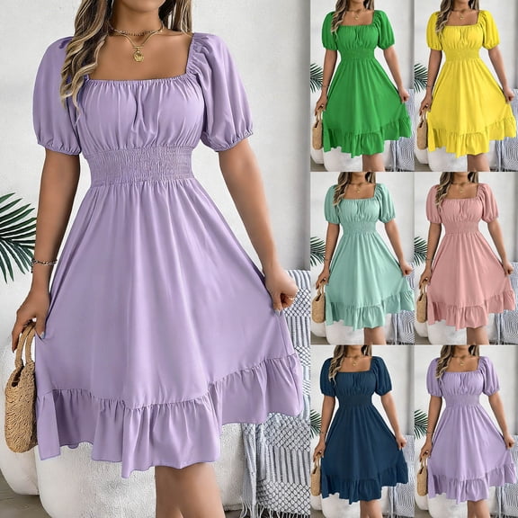 Lovzfmll Summer Solid Elastic Waist Short Sleeve Casual Mini A-Line Dress for Women with Ruffle Puff Sleeve Loose Crew Neck Purple, L