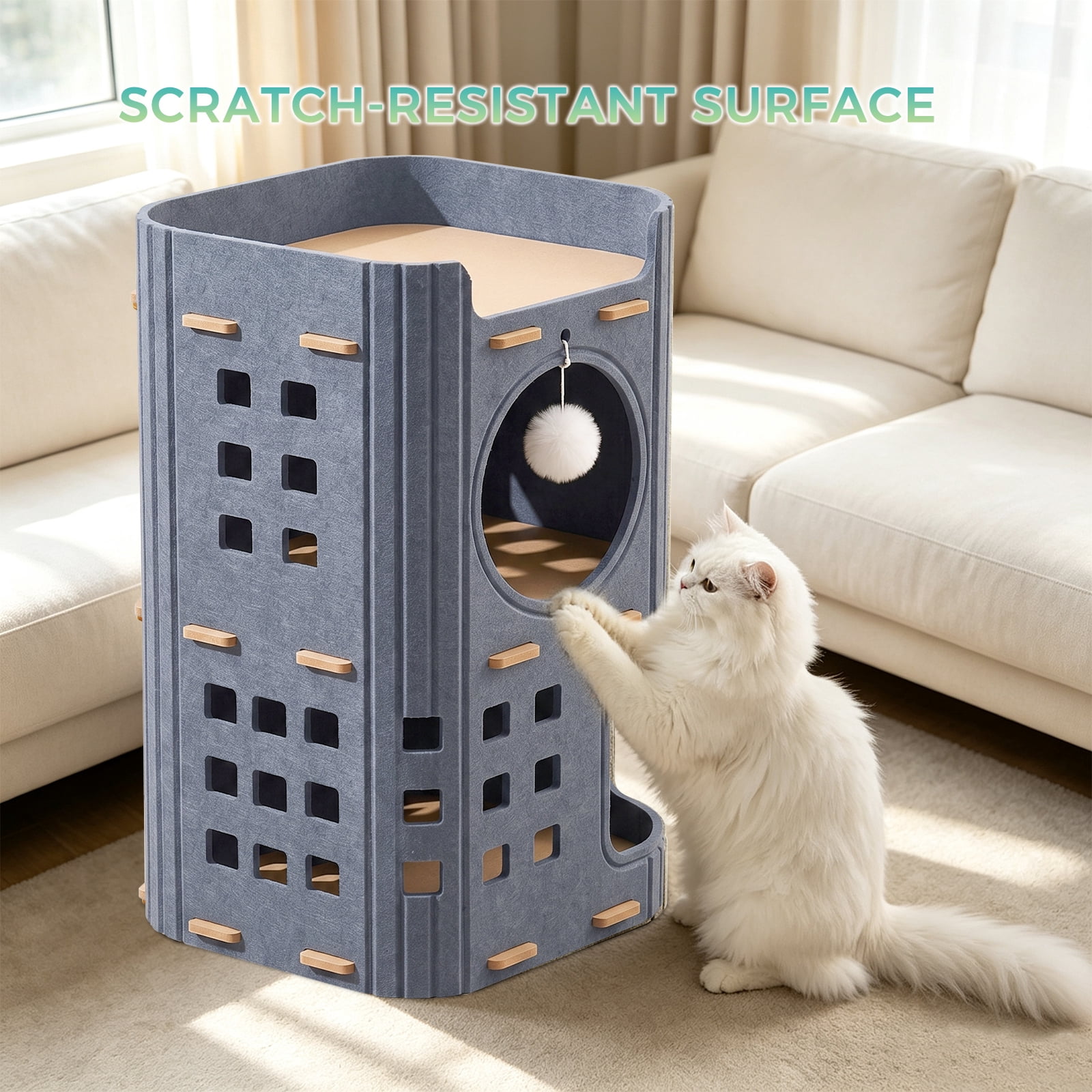 Felt Cat House for Cats, Kittens, Covered Tunnel & Condo with Dual Door Holes, Hanging Fur Ball, Warm & Scratch-Resistant, Cozy Cave for Indoor Outdoor Use, 35*35*60cm