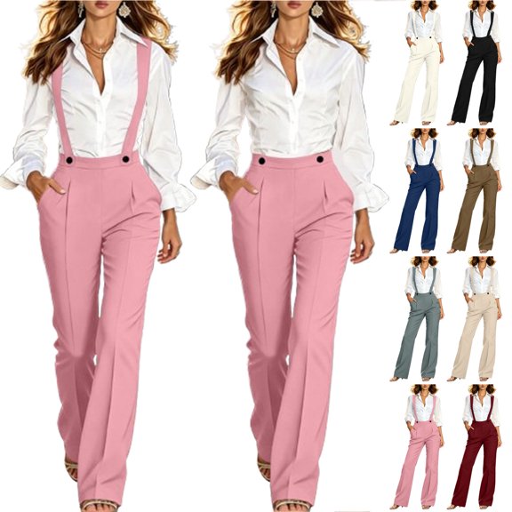 Bloomae Suspender Overalls for Women Sleeveless Straight Leg Dressy Wide Leg Jumpsuit Business Casual Work Pants Slacks with Pockets