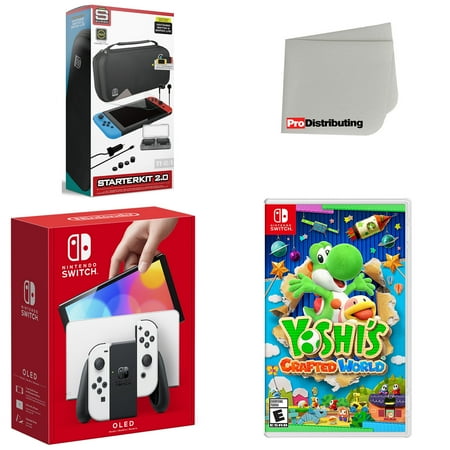 Nintendo Switch OLED Console White with Yoshi's Crafted World, Accessory Starter Kit and Screen Cleaning Cloth Bundle