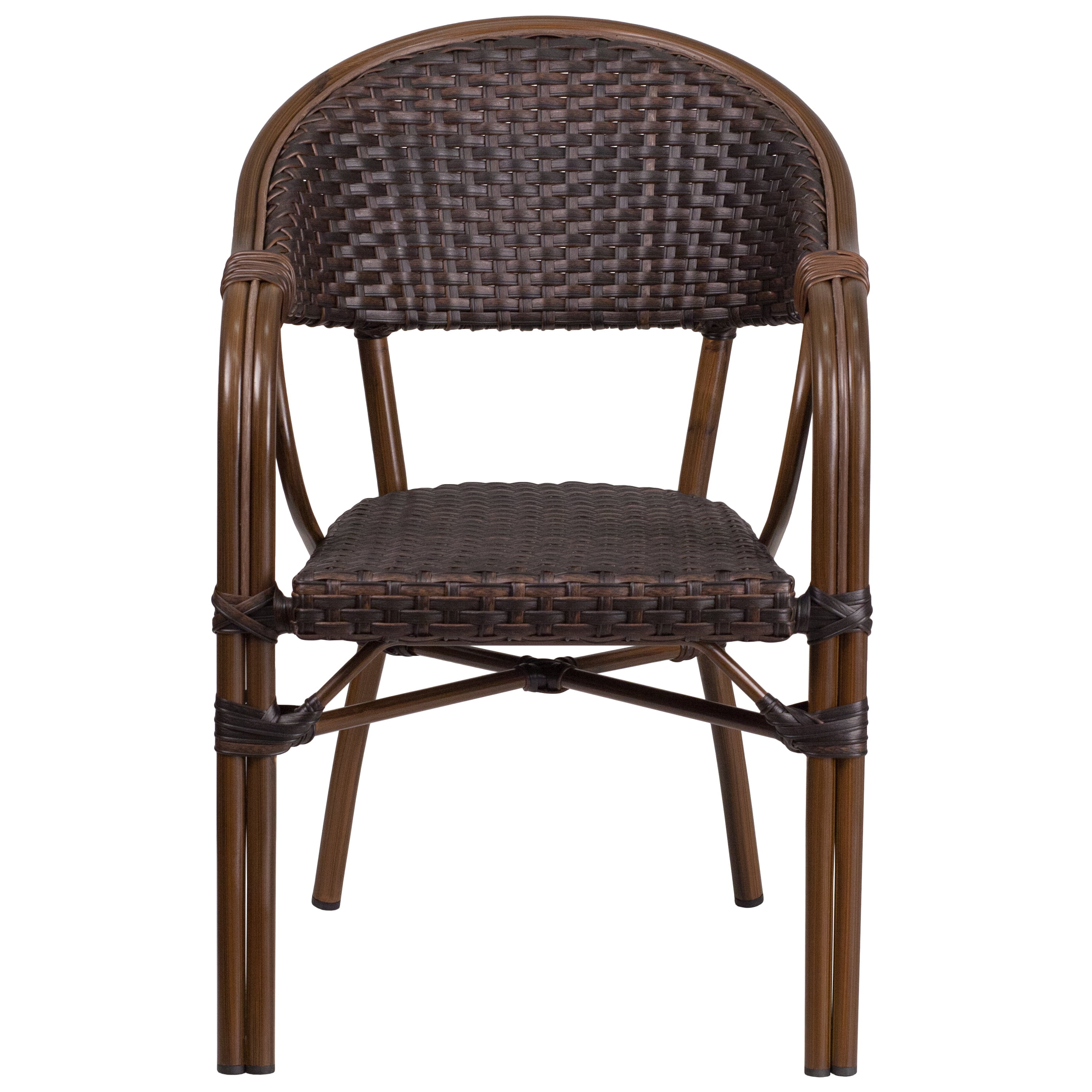 Emma + Oliver Bark Brown Rattan Patio Chair with Red Bamboo-Aluminum Frame