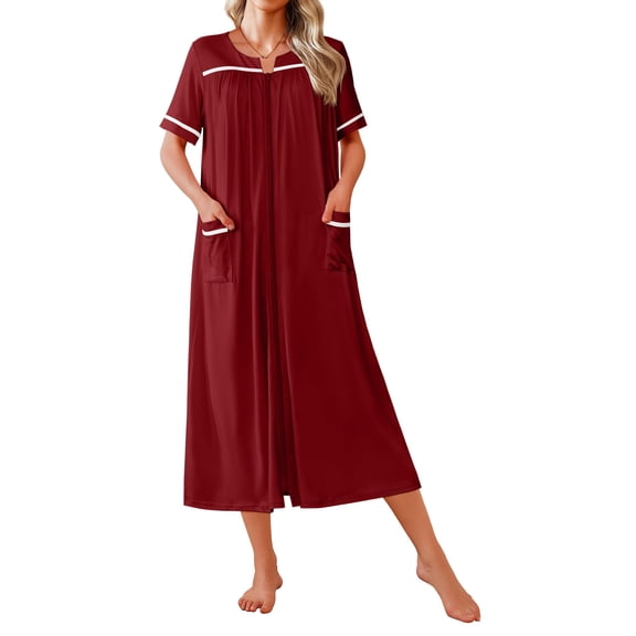 Ekouaer Women Zipper Robes Knit Short Sleeve House Coat Soft Bathrobe Full Length Housecoat Dressing Gown with Pockets