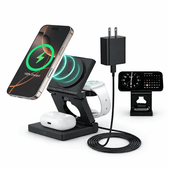 Geyo 3-in-1 Magnetic Charging Station for Multiple Devices, Travel Foldable Wireless Charger Stand, Compatible with iPhone, Watch, Earbuds, Black
