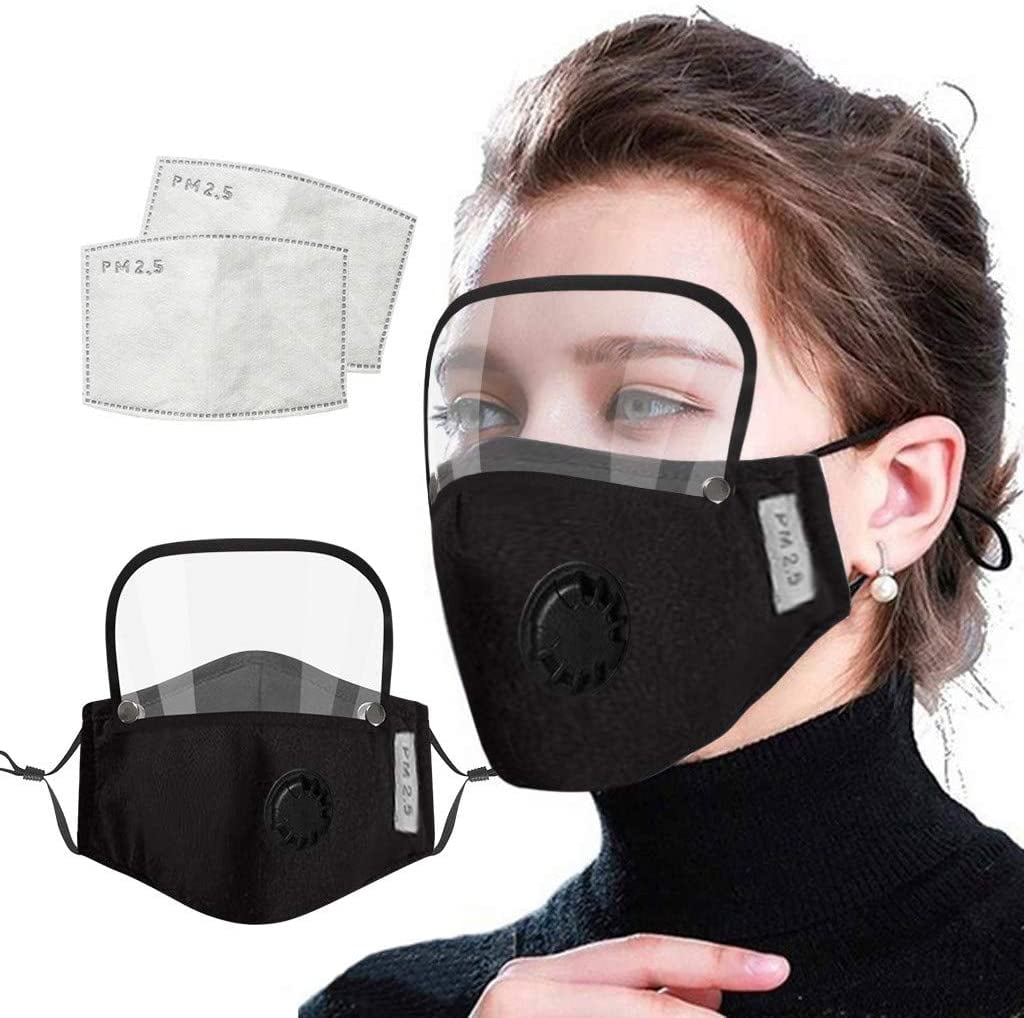 Black Kids Reusable and Breathable Face Bandanas with Eyes Screen Full Protection 2 Filters Mouth Face Protect Cotton Washable and Nose Scarf & Breathing Valve Removable
