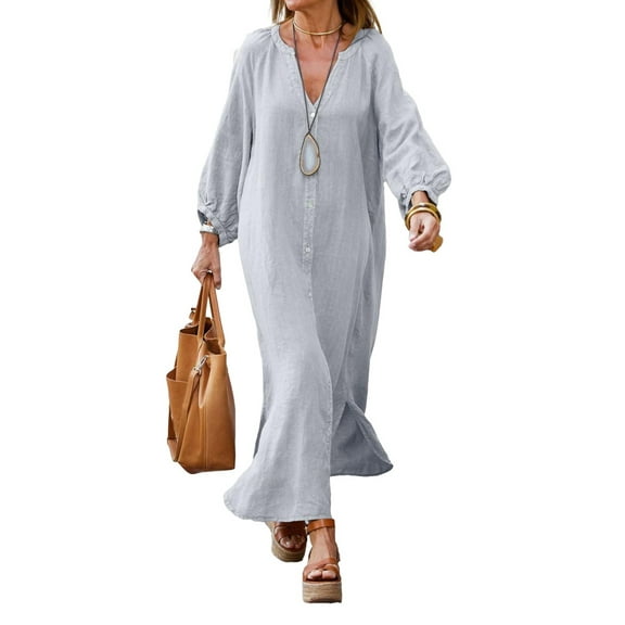 Women Summer Long Sleeve Neck Maxi Linen Shirt Dress Loose Button Down Tunic Shift Dress Grey XL