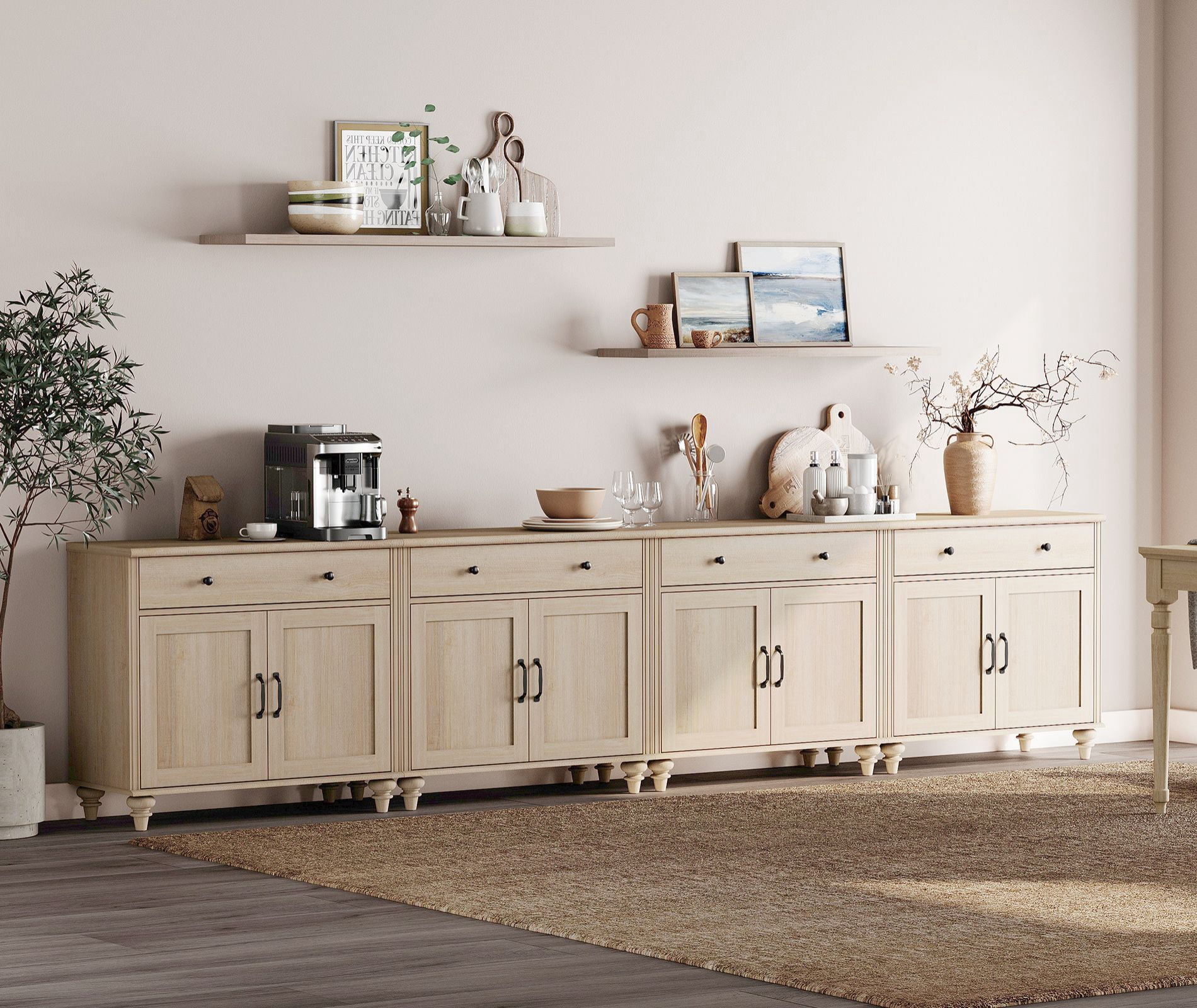 Light Beige Buffet Cabinet with with Storage Cabinets, Modern Farmhouse Kitchen Storage Cabinets 8 Doors and 4 Drawers, 134 inch
