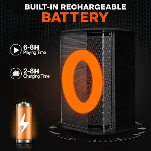 Pyle Portable Bluetooth Speaker with 8" Inch Woofer, TWS Function, Mic Input, USB/Micro SD/FM Radio, Colorful Ring Lights, 120W Rechargeable Battery, Tripod Stand, Hi-Fi Sound, Indoor/Outdoor Use