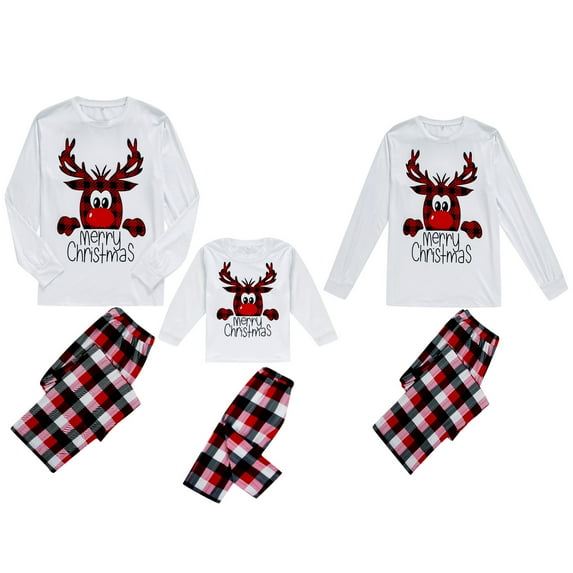 Qiylii Christmas Family Matching Pajamas Set, Reindeer Print T-Shirt + Plaid Pants