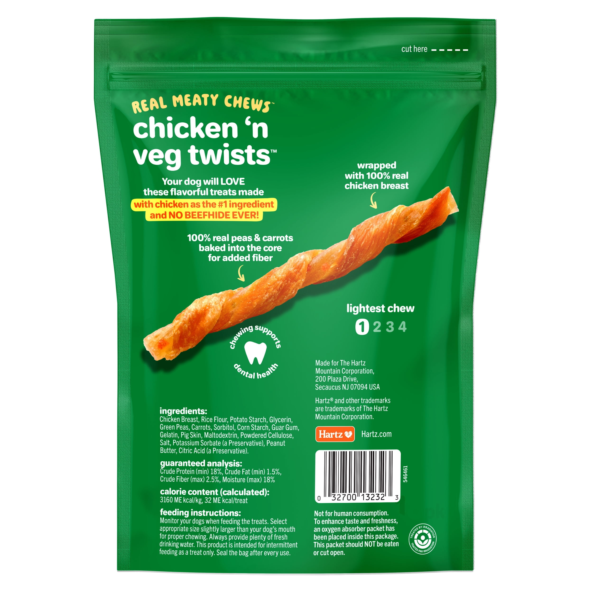 Hartz Oinkies Chicken 'n Veg Twists, Real Meaty Dog Chews with 100% Real Chicken, Pea and Carrots, 7.1 oz Bag, 20ct
