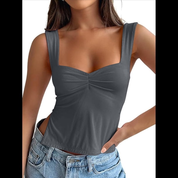 Tops Cortos para Salir de Mujer, Camisetas Sin Espalda, Ropa Básica de Verano Y2K para Adolescentes, Ropa , Gris Oscuro L