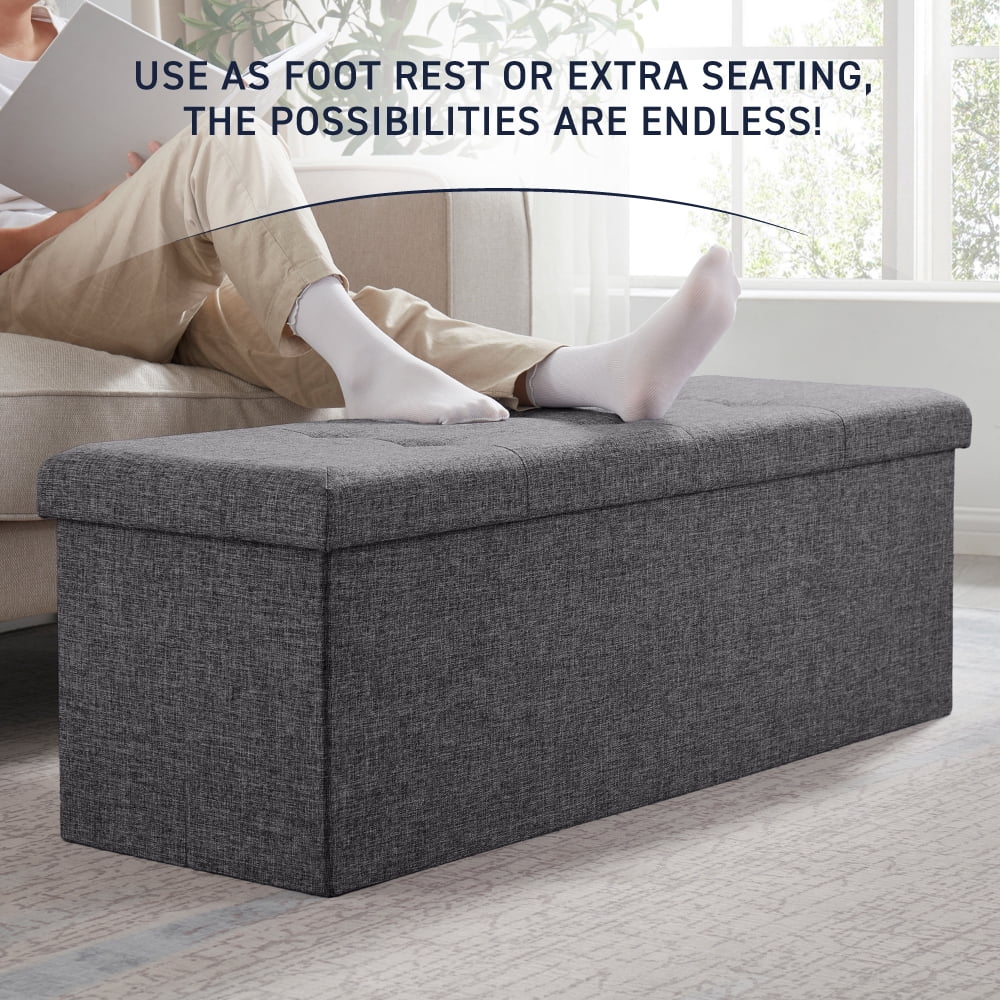 Ornavo Home Foldable Tufted Linen Large Storage Ottoman Bench Foot Rest Stool/Seat - 15" x 43" x 15"