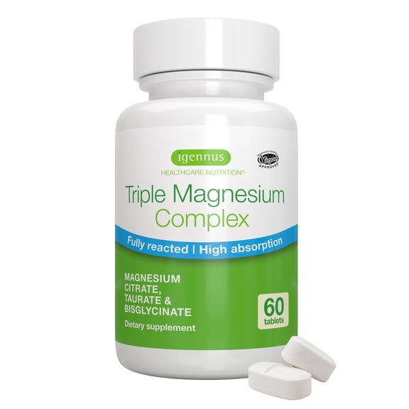 Igennus Superior Triple Magnesium Complex, Fully Reacted & Chelated Glycinate, Taurate & Citrate, Clean Label, High Bioavailability & Absorption, 60 Tablets, Vegan, Non-Buffered