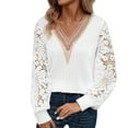 thumbnail image 2 of Fznquz Lace Sleeve Womens T-Shirts V Neck Cotton White Blouse Dressy Casual Elegant Formal Lace Women Blouses, 2 of 4