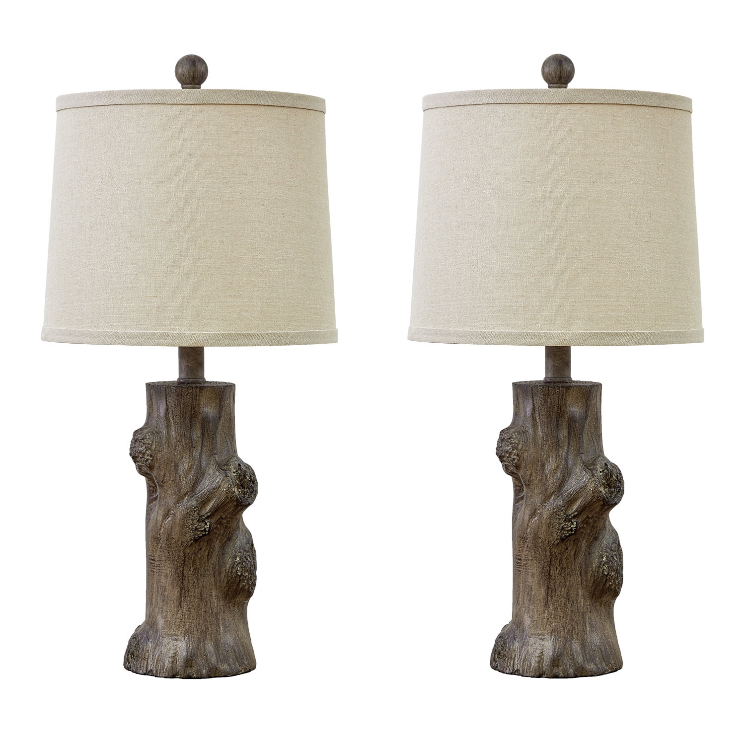 Oneach Farmhouse Resin Table Lamp Set of 2 for Living Room Bedroom 23" Tree Trunk Wood Grain Rustic Nightstand Bedside Lamps with Lamp Shades