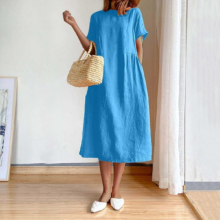 Efsteb Womens Dresses Maxi Dress Short Sleeve Dress Solid Color Dresses  Summer Dress Round Neck Loose Casual Cotton Linen Dress Blue XL