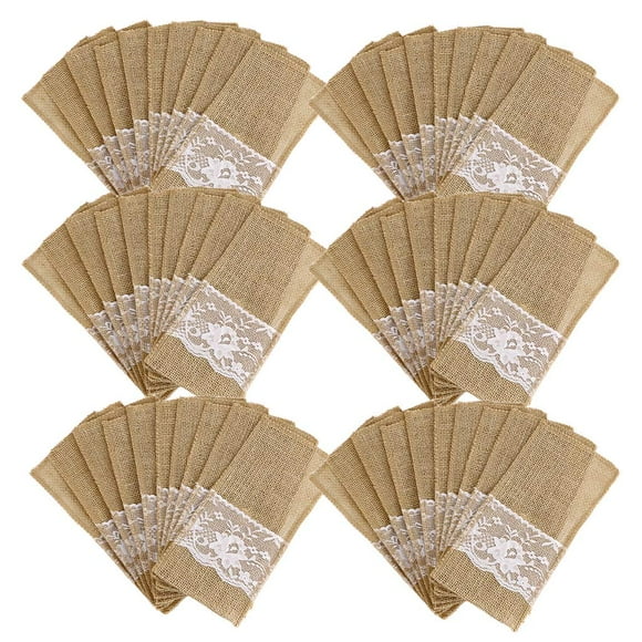 OwnMy Porte-Ustensiles en Toile de Jute Naturelle Porte-Couteaux en Toile de Jute Dentelle Porte-Couteaux en Lin Couteaux et Fourchettes Pochette à Couverts pour Fête de Mariage Vintage Rustique (Beige-60 Paquets)