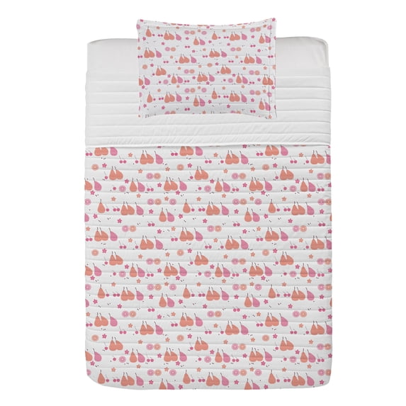 Pastel Microfiber Bedspread Set, Summer Fruits Pears with Lime Slices Flower Petals and Cherries Beauty, Soft Bedding Set with Pillow Shams & Comforter, 3 Sizes, Coral Pink and White, by Ambesonne