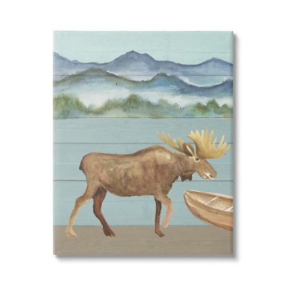Stupell Industries Rustic Moose at Lake Animals & Insects Painting Gallery Wrapped Canvas Print Wall Art, 16 x 20