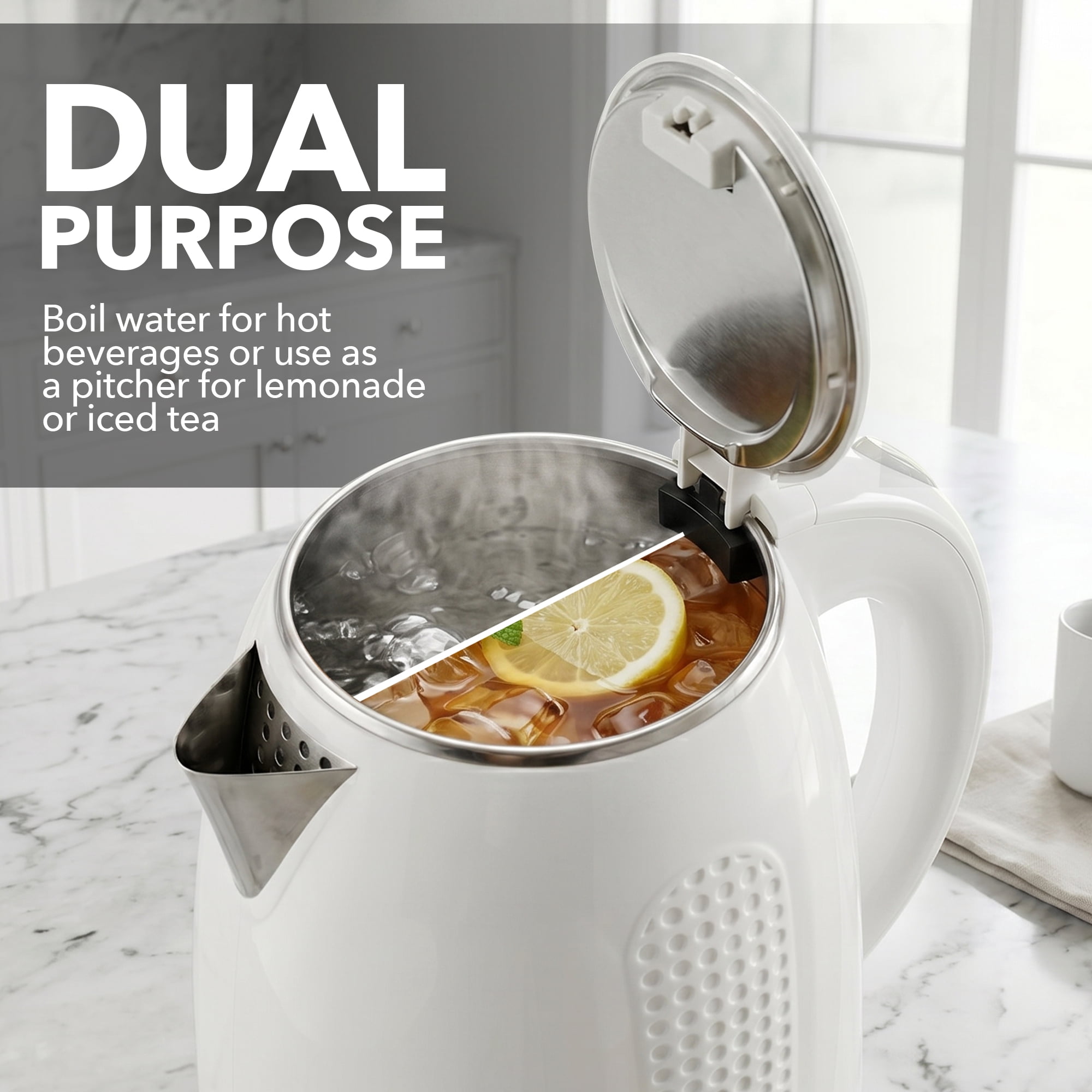 OVENTE 1.7L Double Wall Electric Tea Kettle, 1100W Water Boiler and Heater with Cool-Touch Exterior, Stainless Steel Insulated Interior, Auto Shut-Off, Boil-Dry Protection & Locking Lid, White KD64W