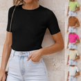 thumbnail image 2 of oqasdz Women's Sweaters Short Sleeve Crewneck T Shirt Summer Ribbed Knit Slim Fit Basic Solid Color Tee Tops Casual Relaxed Fit, 2 of 6