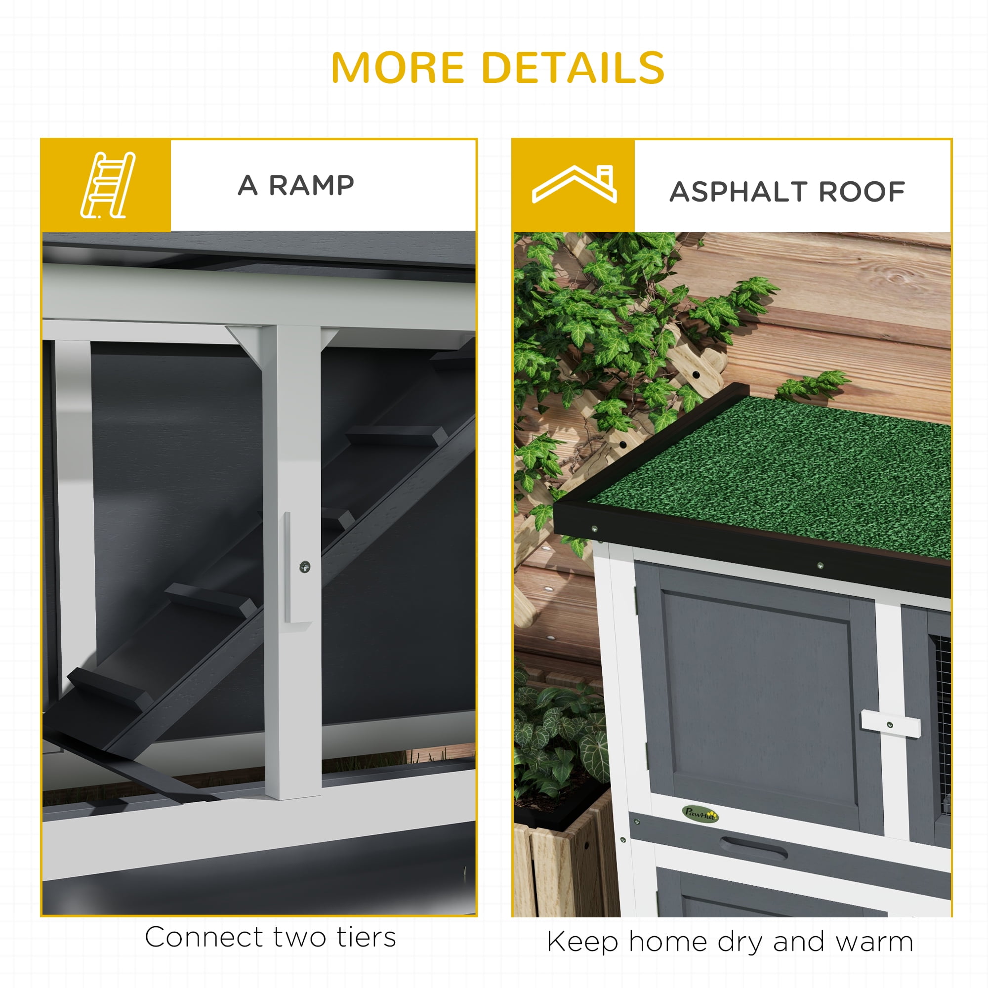 PawHut Wooden Bunny Rabbit Hutch, Small Animal Habitat with Ramp, Removable Tray & Weatherproof Roof, Indoor/Outdoor, Gray