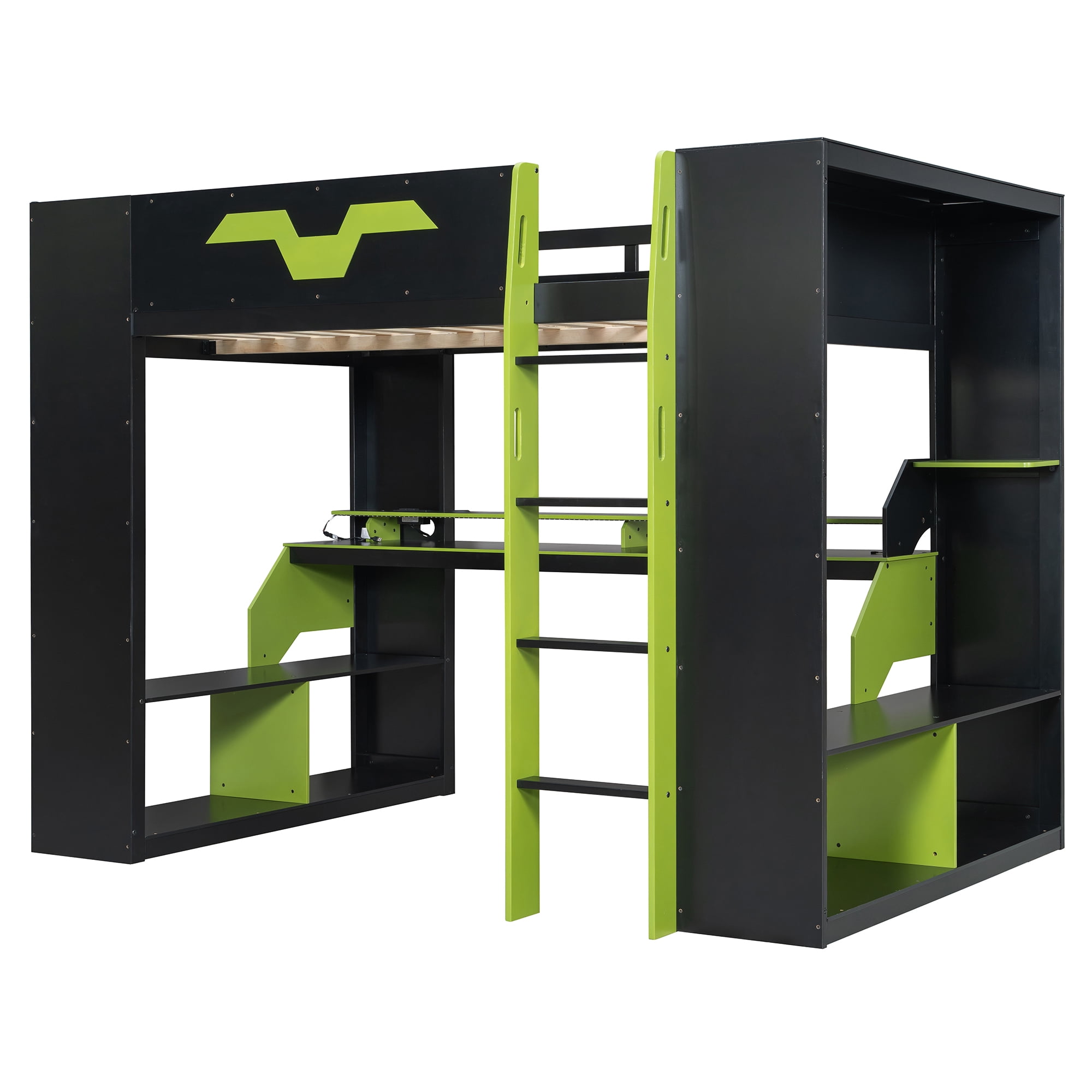 Mintazer Full Size Gaming Loft Bed with RGB LED Lights, Power Outlets and Dual Side Storage Shelves, Black & Green