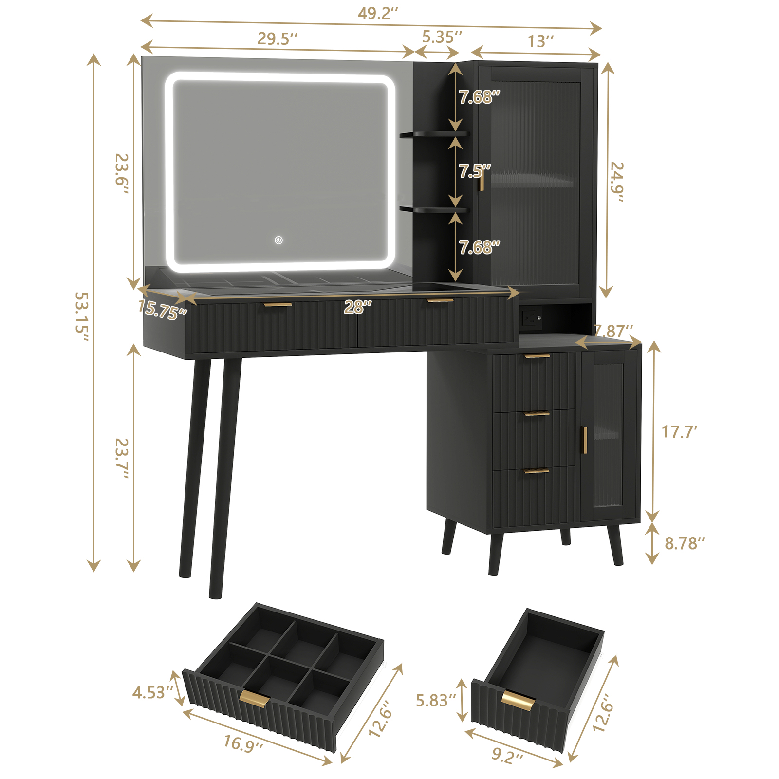 Danpinera Home 49" Glass Top Vanity Desk with LED Mirror and Charging Station, Black