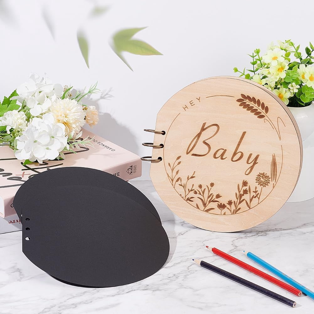1 set Baby Shower Guest Book 25cm Diameter Wooden Round Guestbook Alternatives Handmade Memory Picture Book with 20 Sheets Beige Baby Growth DIY Binder Photo Album for Girl Boy Gift for Mom