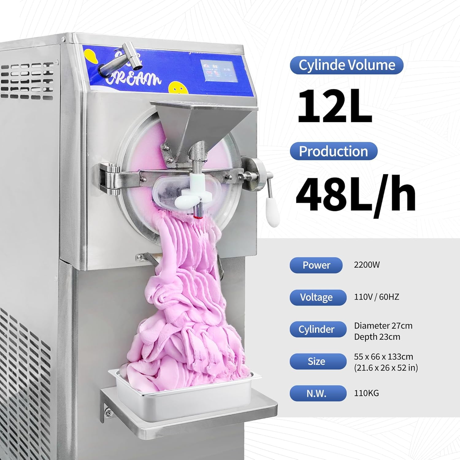 Mvckyi 12.7Gal/H Hard Serve Ice Cream Machine, Commercial Gelato Hard Ice Cream Maker Sorbet Maker with Clear Hinged Door, Batch Freezer, 5in Touch Control, for Restaurants Snack Bar, Cafe, 2200W