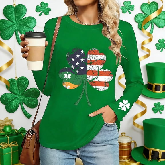 St. Patrick's Day T-Shirt for Women American Flag Shamrock Graphic Crewneck Long Sleeve Relaxed Fit Holiday Festive Tee Irish Clover Graphic Top