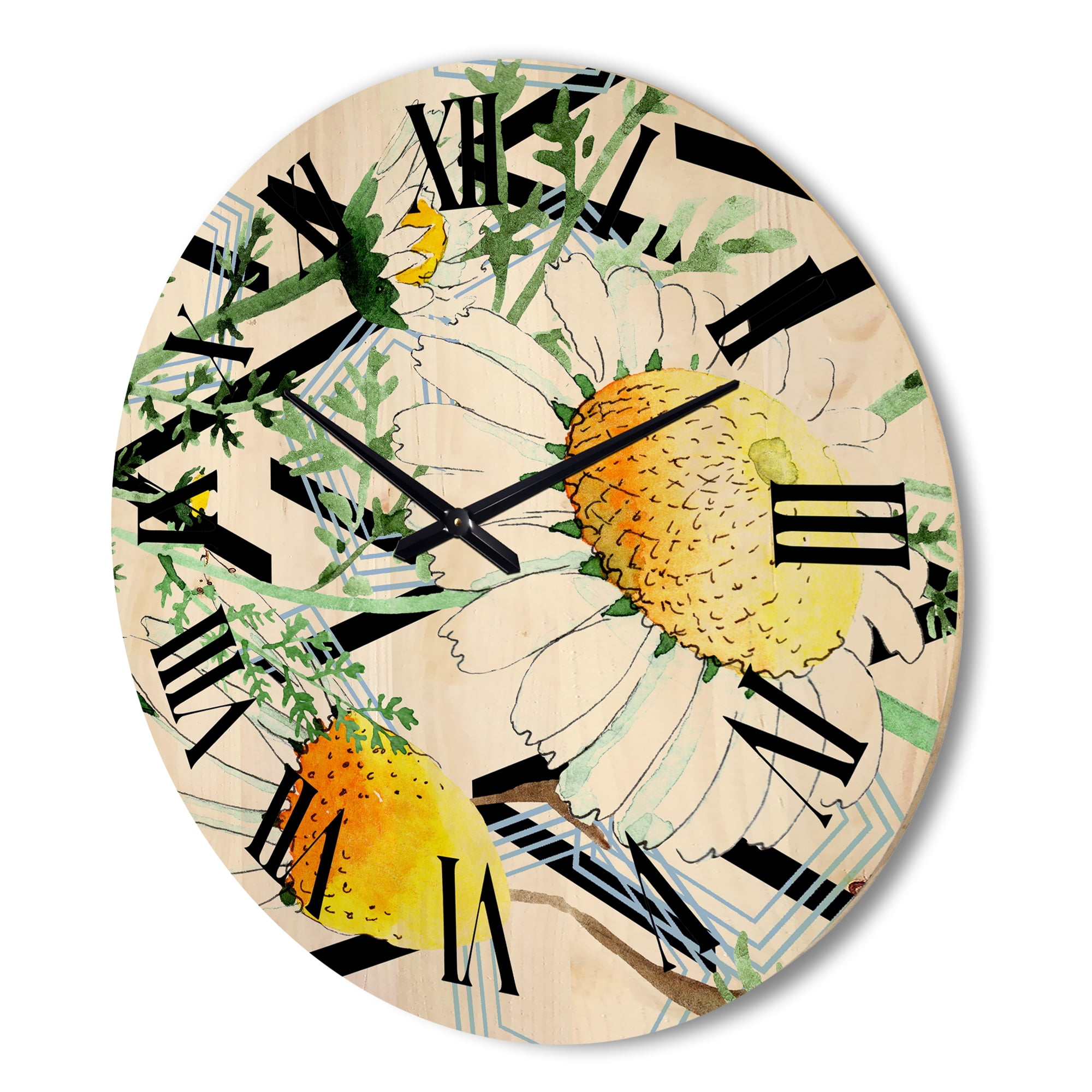 Designart 'Wild Spring Chamomile Flowers On Geometric Lines' Traditional Wood Wall Clock