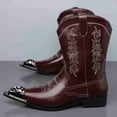 thumbnail image 4 of Men’s Embroidered Western Cowboy Boots, Pointed Toe Metal Toe Cap Block Heel, Side Zipper Vintage British Style Chunky Heel Mid-Calf Boots, 4 of 6