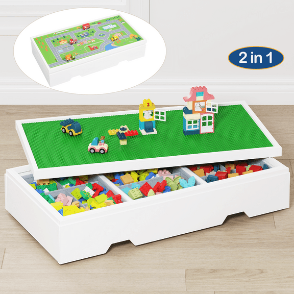 STAROUS 3 in 1 Construction Play Table Compatible with Lego, Rolling Kids Activity Train Table with Storage and Wheels, Reversible Top Store Under Beds or Sofas